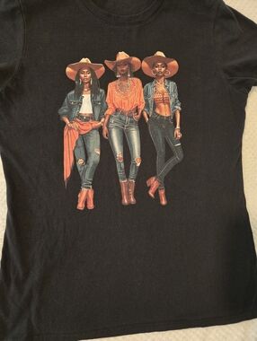Graphic T-Shirt Black African American Cowgirl Western Women Print Tee Size M